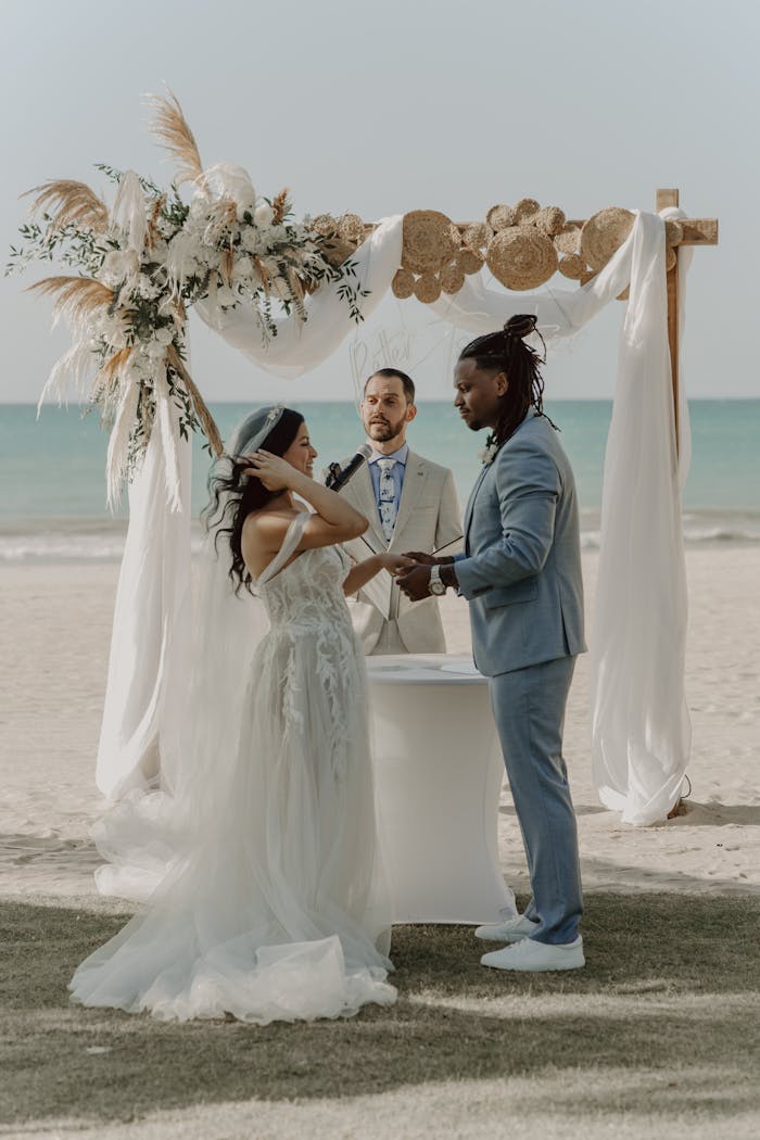 Crafting Captivating Headlines: Your awesome post title goes here A stunning beachfront wedding ceremony featuring a bride, groom, and officiant under a floral arch.